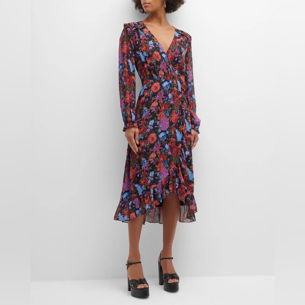 PAIGE Womens Paulette Dress Floral Wrap Long Sleeve Silk Sheer Ruffle Size Small